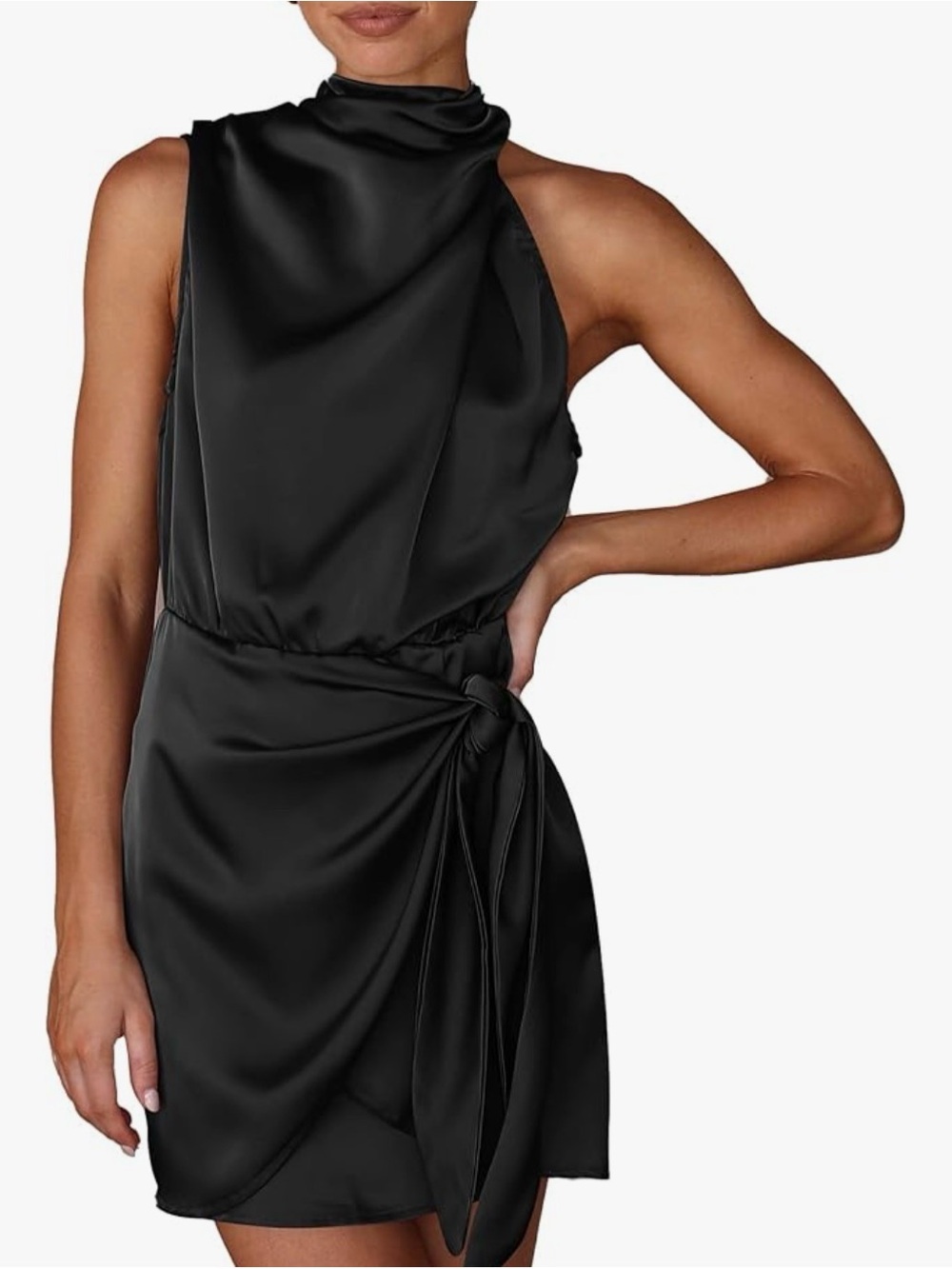 Sleek Black Mini Dress with Draped Neckline